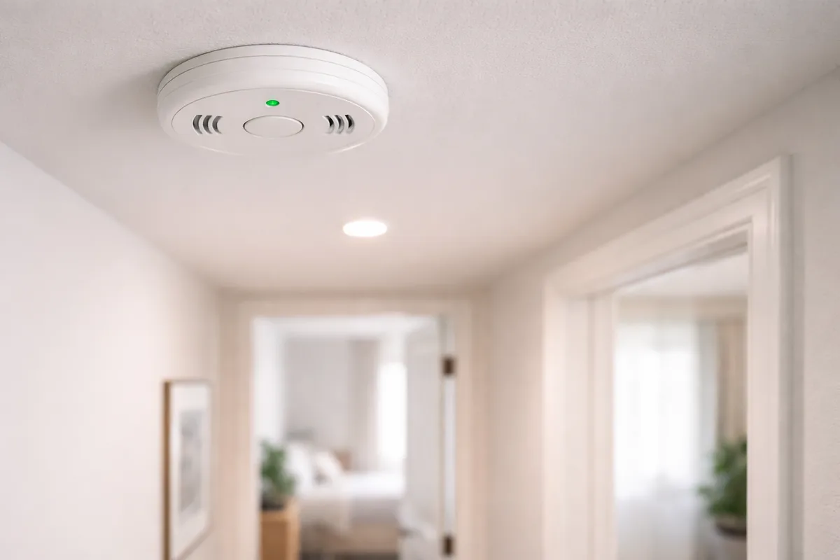White carbon monoxide detector mounted on a hallway ceiling near a bedroom door with a green status light